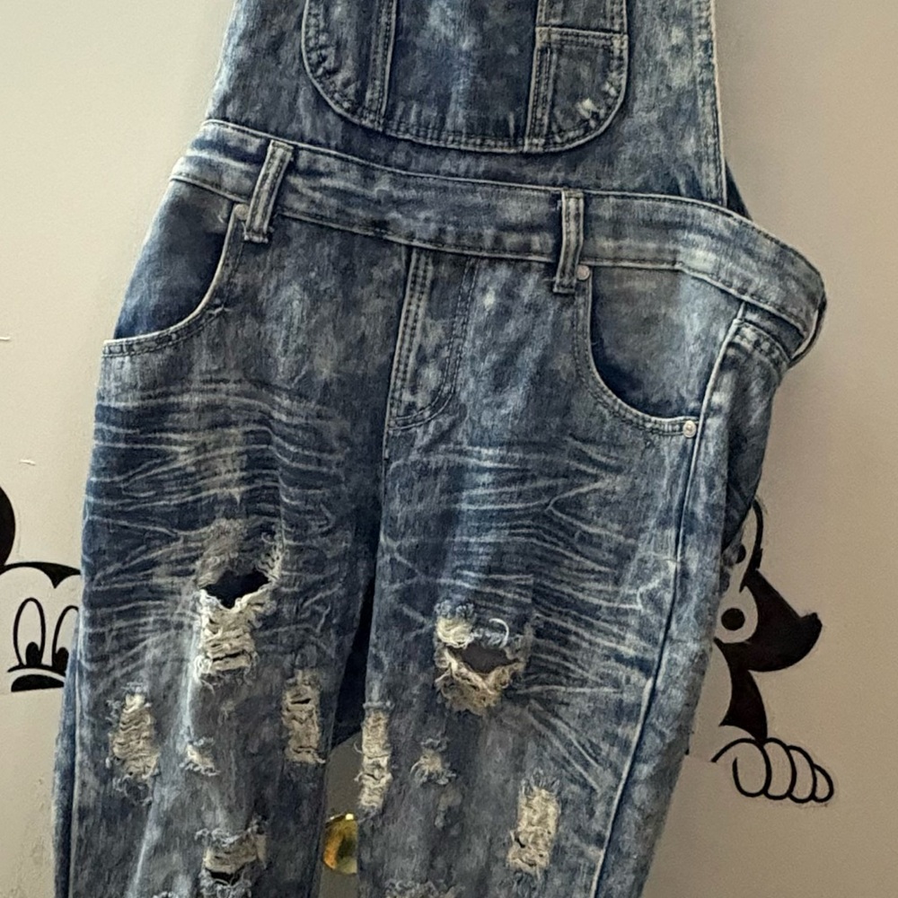 Thrill Blue Denim Distressed Overalls